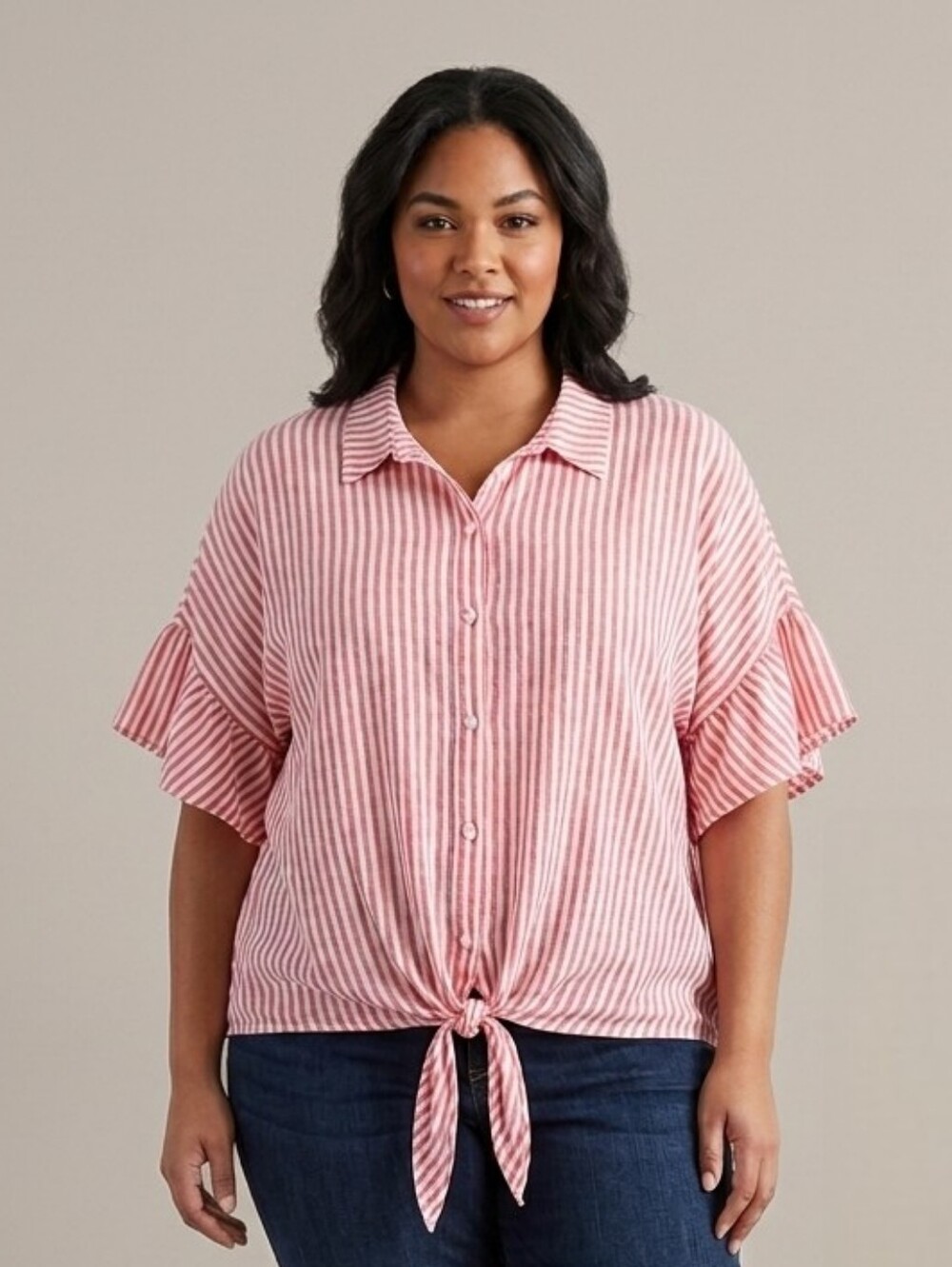 George Pink & White Vertical Stripe Front Tie Short Sleeve Button Up Top,Size 3X